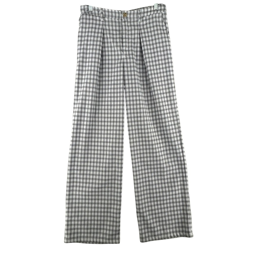 Hollister Ultra High Rise Pleated Wide Leg Blue‎ White Plaid Pants Womens Medium